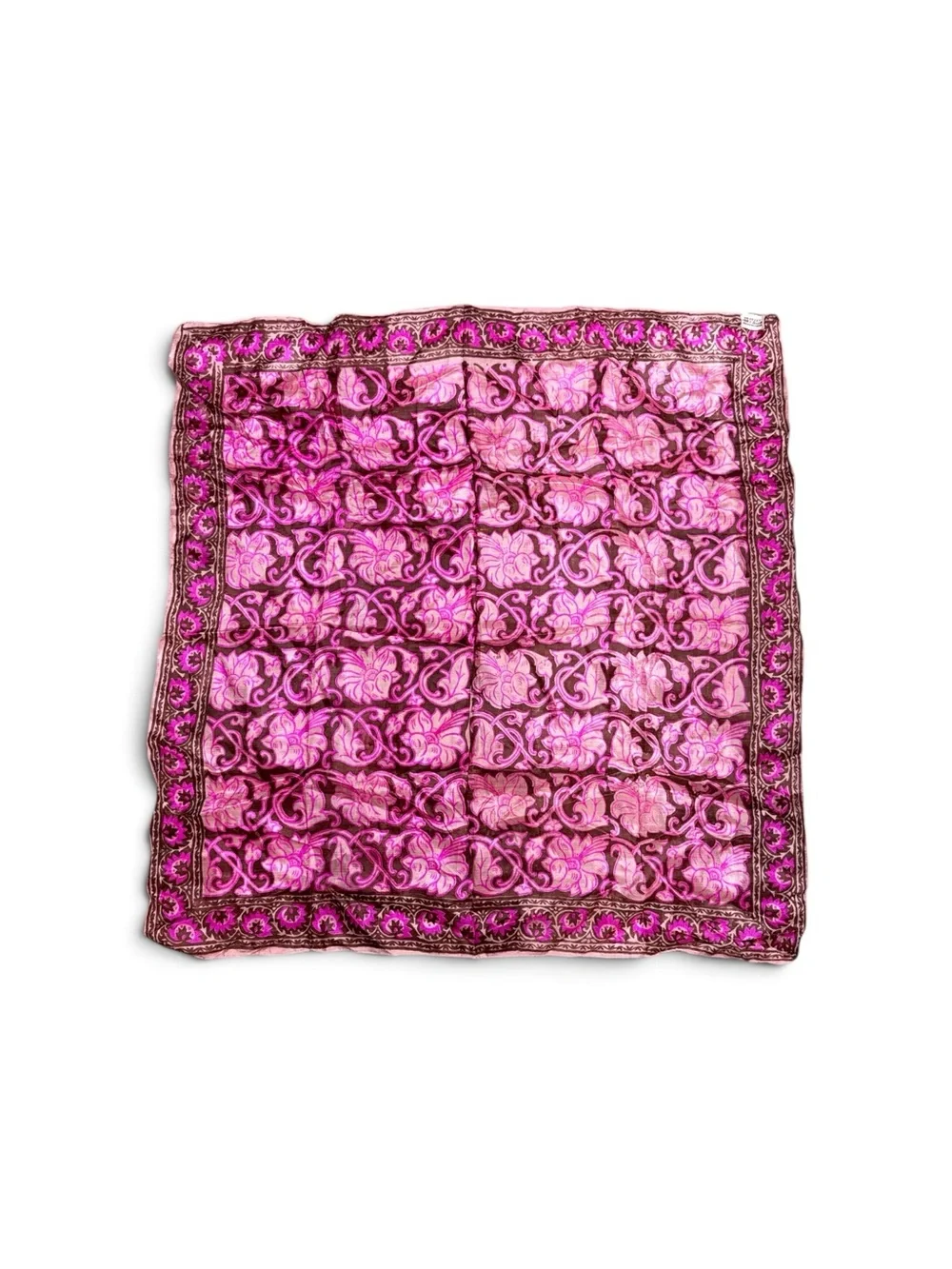 Vintage 90s 100% Silk Scarf India Pink Brown Floral Square 29x29